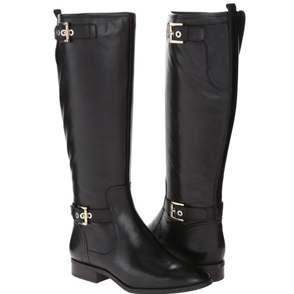 Nine West Black Leather Riding Boots Women's Size 5M Gold Buckle Accent - Picture 1 of 8